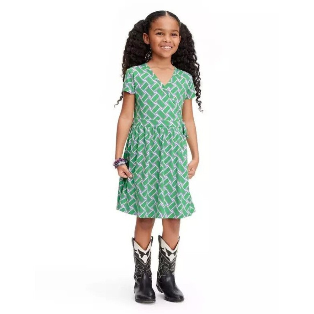 DVF Target girls Short Sleeve Vintage Weave Green Faux Wrap Dress NWT